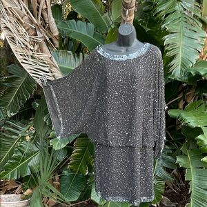 JKara beaded and sequin drop waist dress